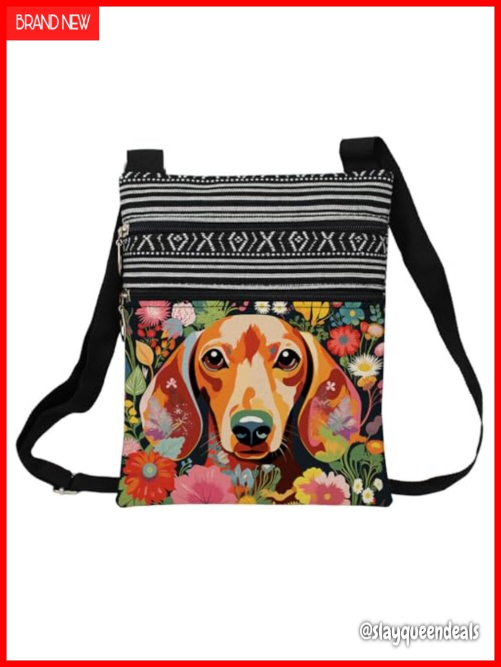 Floral Dachshund Crossbody Bag Polyester Adjustable Strap Small Ethnic Print